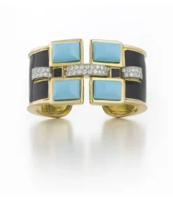 David Webb Bracelets*Four Stone Bastille Cuff, Turquoise, Black Enamel