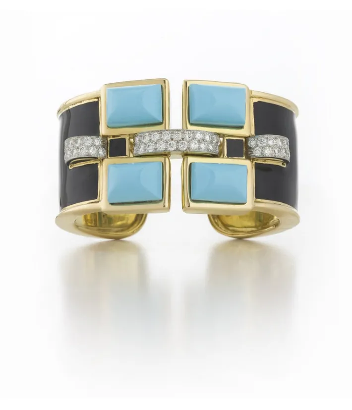 David Webb Bracelets*Four Stone Bastille Cuff, Turquoise, Black Enamel