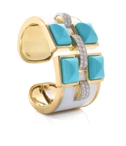 David Webb Bracelets*Four Stone Bastille Cuff, Turquoise, White Enamel