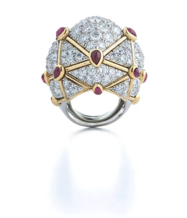 David Webb Rings*Geodesic Dome Ring, Rubies, Diamonds