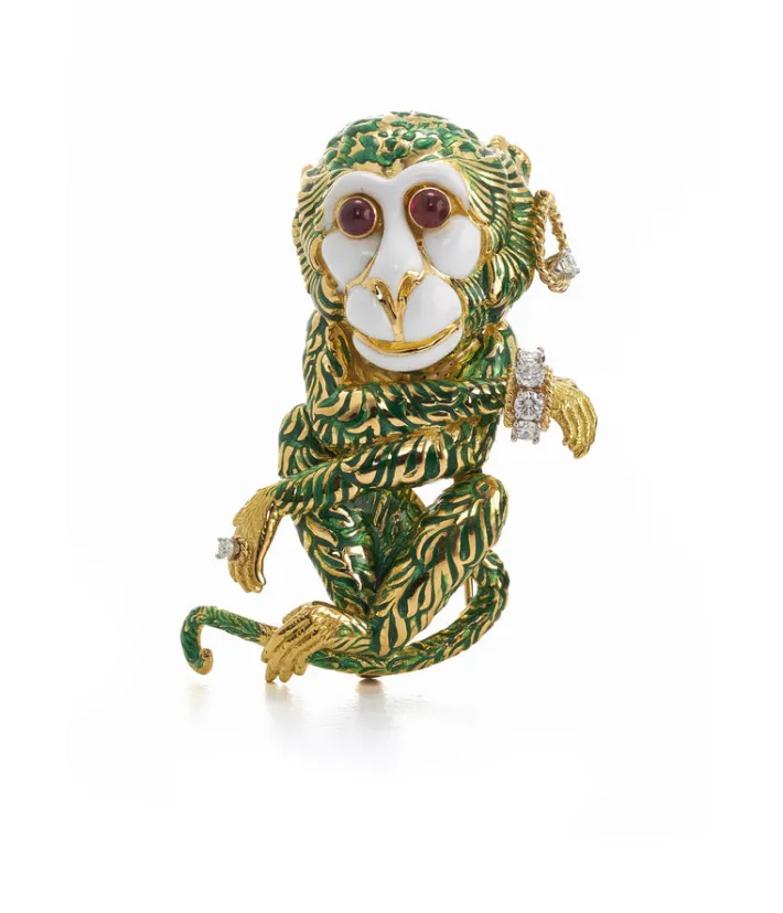 David Webb Brooches*Gypsy Monkey Brooch, Green Enamel