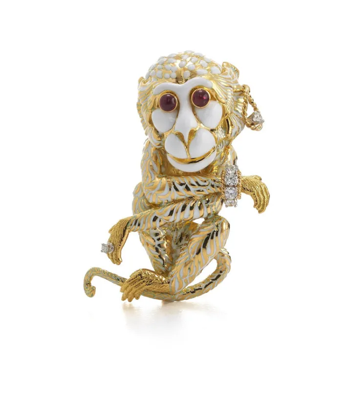 David Webb Brooches*Gypsy Monkey Brooch, White Enamel