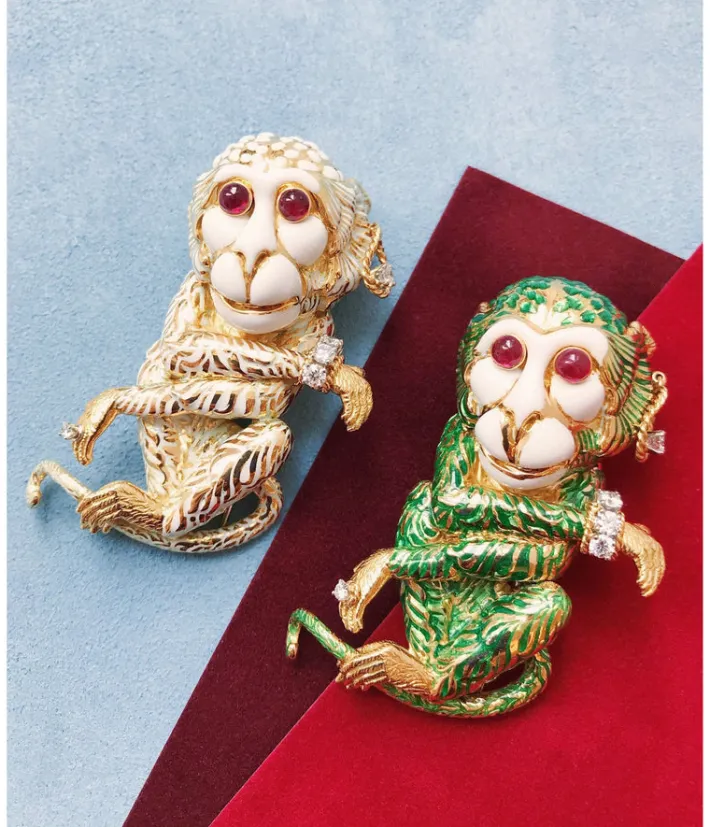 David Webb Brooches*Gypsy Monkey Brooch, White Enamel