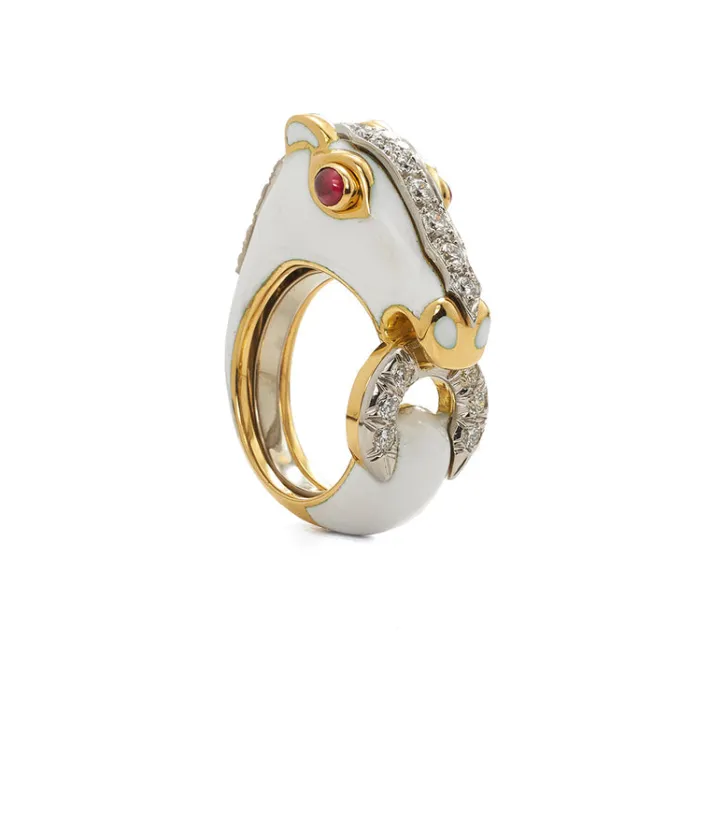 David Webb Rings*Horse Ring, White Enamel, Ruby