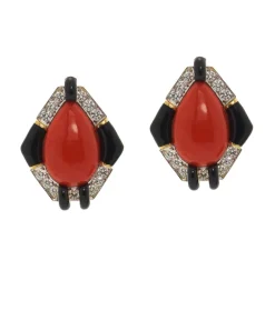 David Webb Earrings*Kite Earrings, Black Enamel, Coral