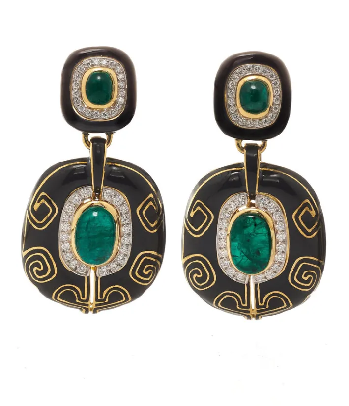 David Webb Earrings*Lantern Earrings, Black Enamel, Emerald, Diamonds