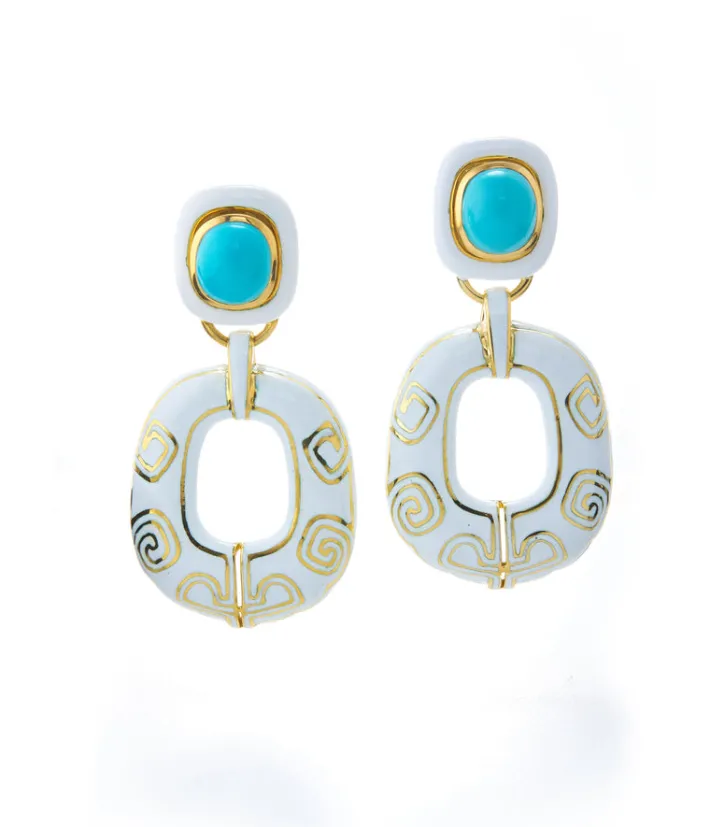 David Webb Earrings*Lantern Earrings, White Enamel, Turquoise