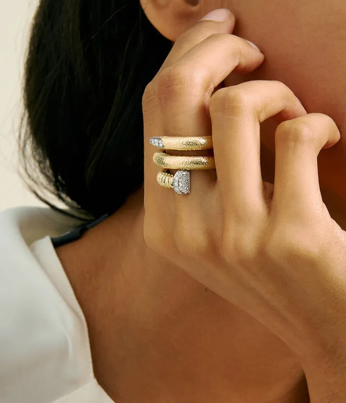 David Webb Rings*Large Diamond Nail Ring, Hammered 18K Gold