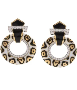 David Webb Earrings*Leopard Spot Strap Doorknocker Earrings, White Enamel