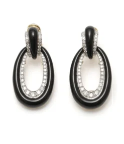 David Webb Earrings*Long Hoop Earrings, Black Enamel