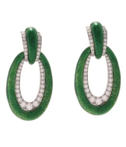 David Webb Earrings*Long Hoop Earrings, Green Enamel