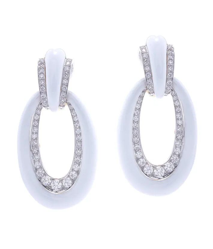 David Webb Earrings*Long Hoop Earrings, White Enamel