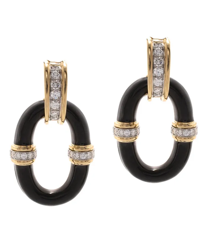 David Webb Earrings*Oval Link Earrings, Black Enamel