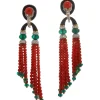 David Webb Earrings*Pagoda Tassel Earrings with Diamonds, Emerald and Coral Beads