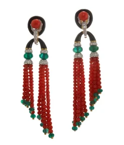 David Webb Earrings*Pagoda Tassel Earrings with Diamonds, Emerald and Coral Beads