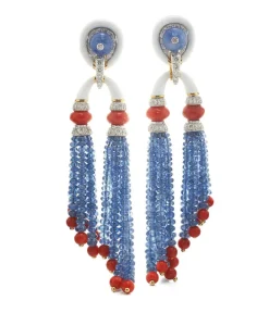 David Webb Earrings*Pagoda Tassel Earrings with Diamonds, Coral and Sapphire Beads