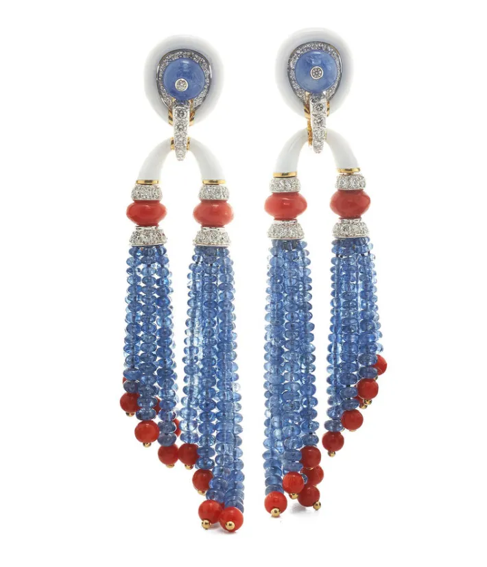 David Webb Earrings*Pagoda Tassel Earrings with Diamonds, Coral and Sapphire Beads