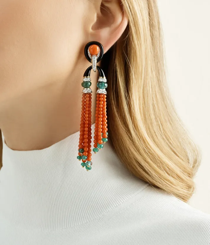 David Webb Earrings*Pagoda Tassel Earrings with Diamonds, Emerald and Coral Beads