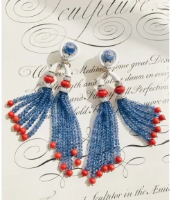 David Webb Earrings*Pagoda Tassel Earrings with Diamonds, Coral and Sapphire Beads