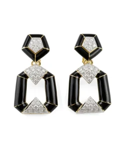 David Webb Earrings*Pentagon Bamboo Earrings, Black Enamel