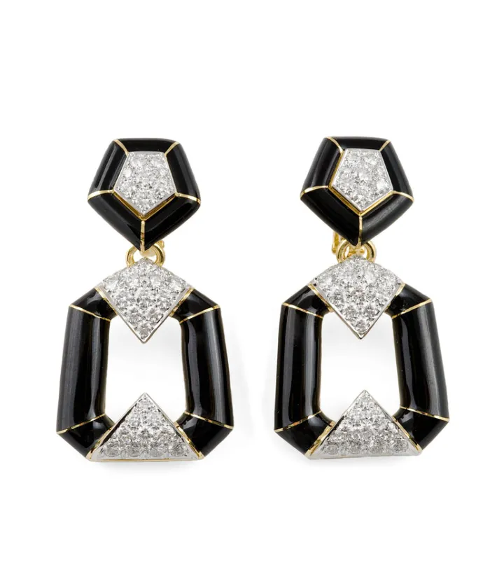 David Webb Earrings*Pentagon Bamboo Earrings, Black Enamel