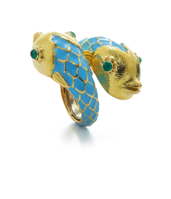 David Webb Rings*Pisces Ring, Light Blue Enamel with Emerald Eyes