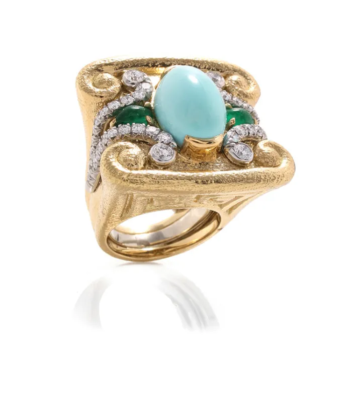 David Webb Rings*Quad Scroll Stone Ring, Emerald