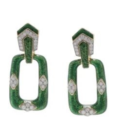 David Webb Earrings*Rectangular Mini Hoop Earrings, Green