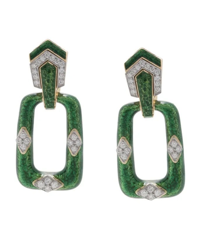 David Webb Earrings*Rectangular Mini Hoop Earrings, Green