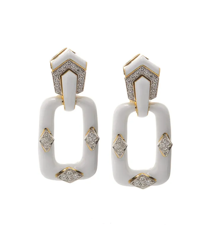 David Webb Earrings*Rectangular Mini-Hoop Earrings, White