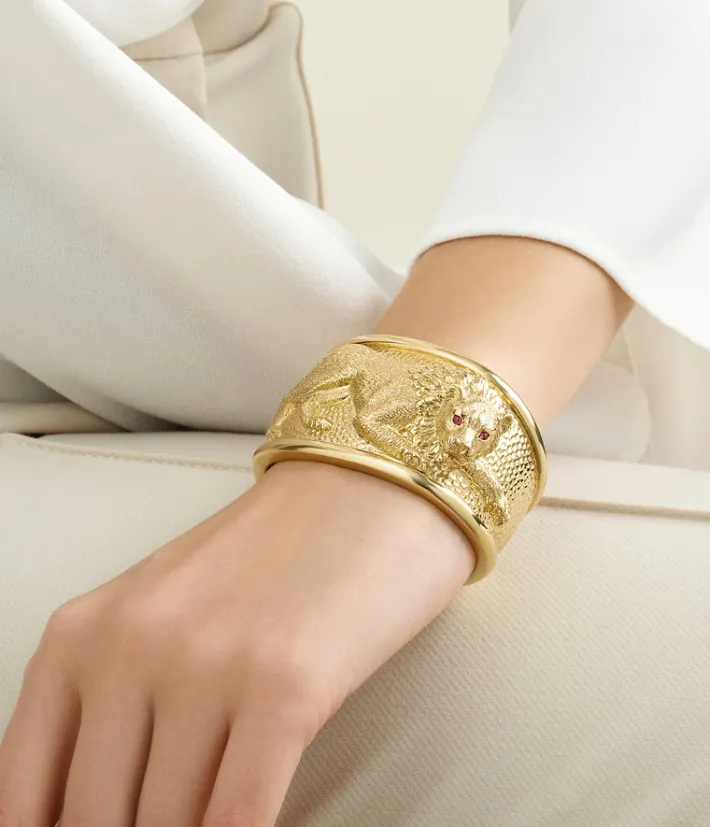 David Webb Bracelets*Repoussé Lion Cuff, Ruby