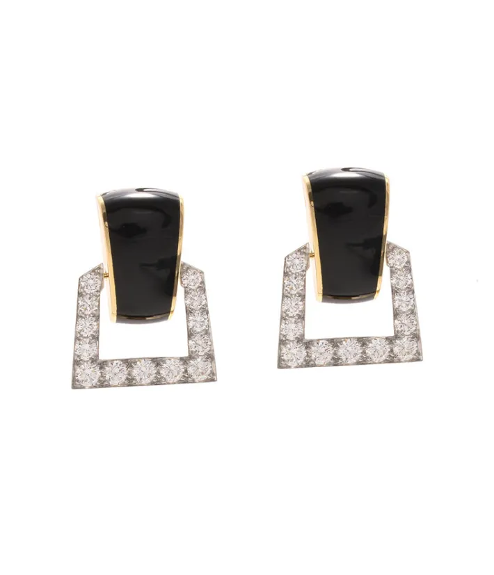 David Webb Earrings*Single Strap Enamel Earrings, Black Enamel