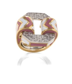 David Webb Rings*Small Chevron Ring, Pink and White Enamel