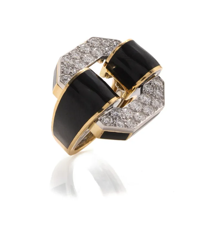 David Webb Rings*Small Octagonal Buckle Ring, Black Enamel