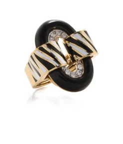 David Webb Rings*Small Oval Buckle Ring with Zebra Stripe, Black