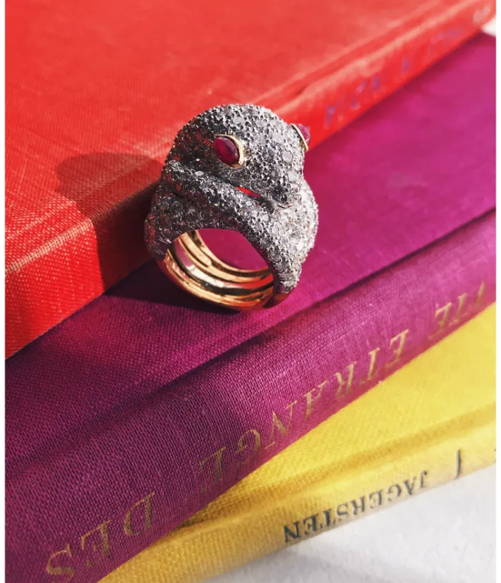 David Webb Rings*Snake Ring, Diamonds, Ruby