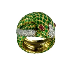 David Webb Rings*Snake Ring, Green Enamel
