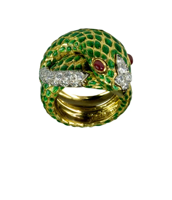 David Webb Rings*Snake Ring, Green Enamel