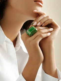 David Webb Rings*Solitaire Ring, Green Enamel