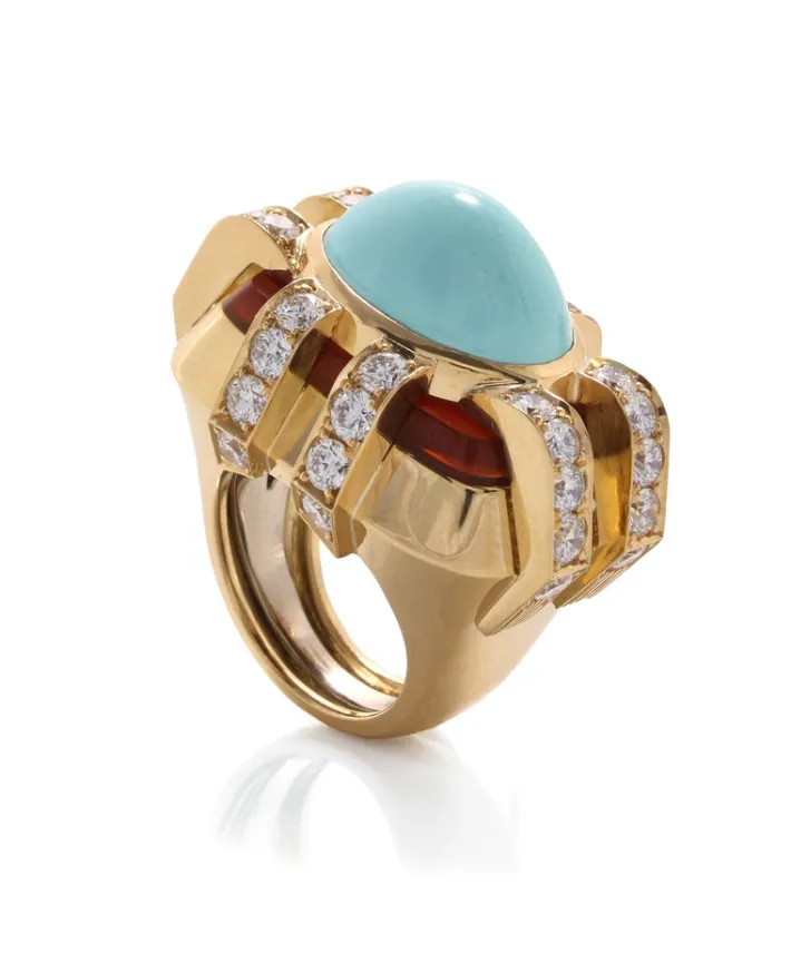 David Webb Rings*Streamline Ring, Turquoise, Carnelian, Diamonds