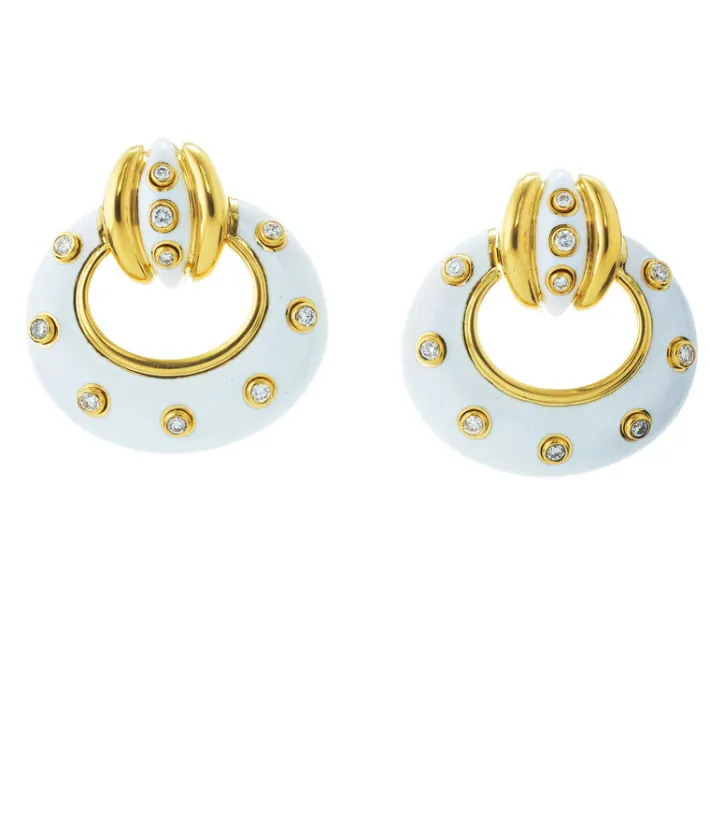 David Webb Earrings*Stud Doorknocker Earrings, White Enamel