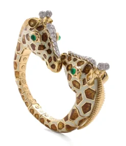 David Webb Bracelets*Twin Giraffe Bracelet, Brown Enamel, Emerald