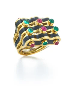 David Webb Rings*Wave Ring, Black Enamel, Emerald, Ruby
