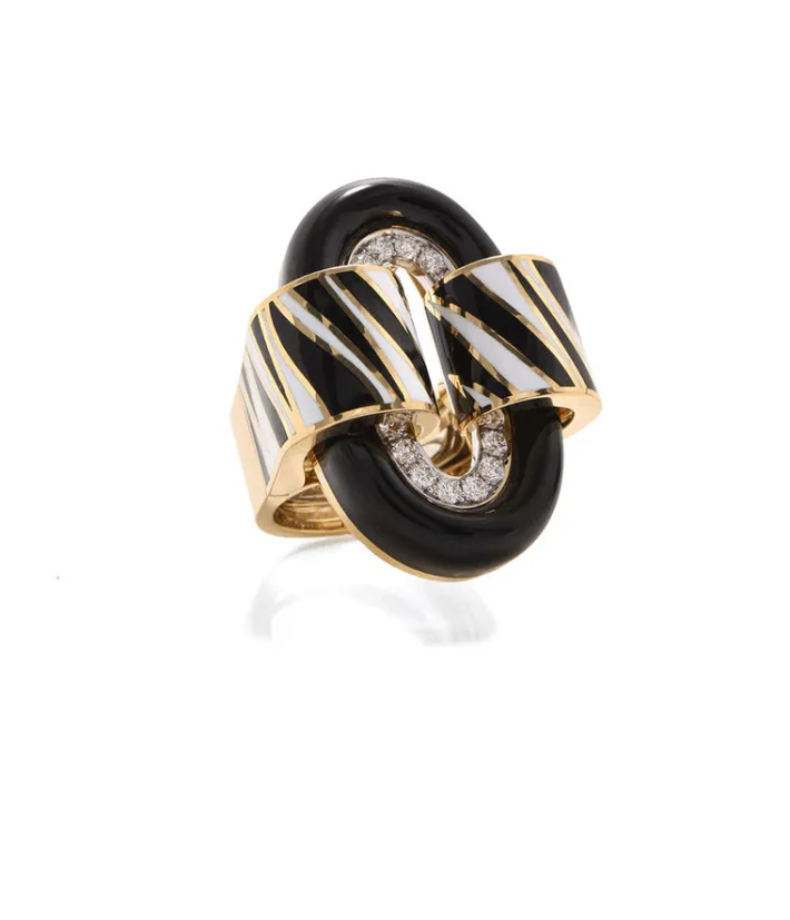 David Webb Rings*Zebra Stripe Oval Buckle Ring, Black Enamel