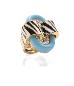 David Webb Rings*Zebra Stripe Oval Buckle Ring, Light Blue Enamel
